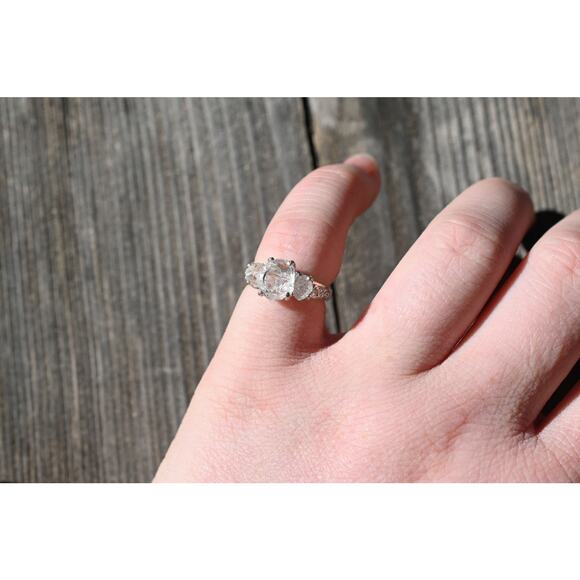 Three Stone Raw Diamond Engagement Ring, Unique Wedding Band Solid Sterling - Picture 6 of 10